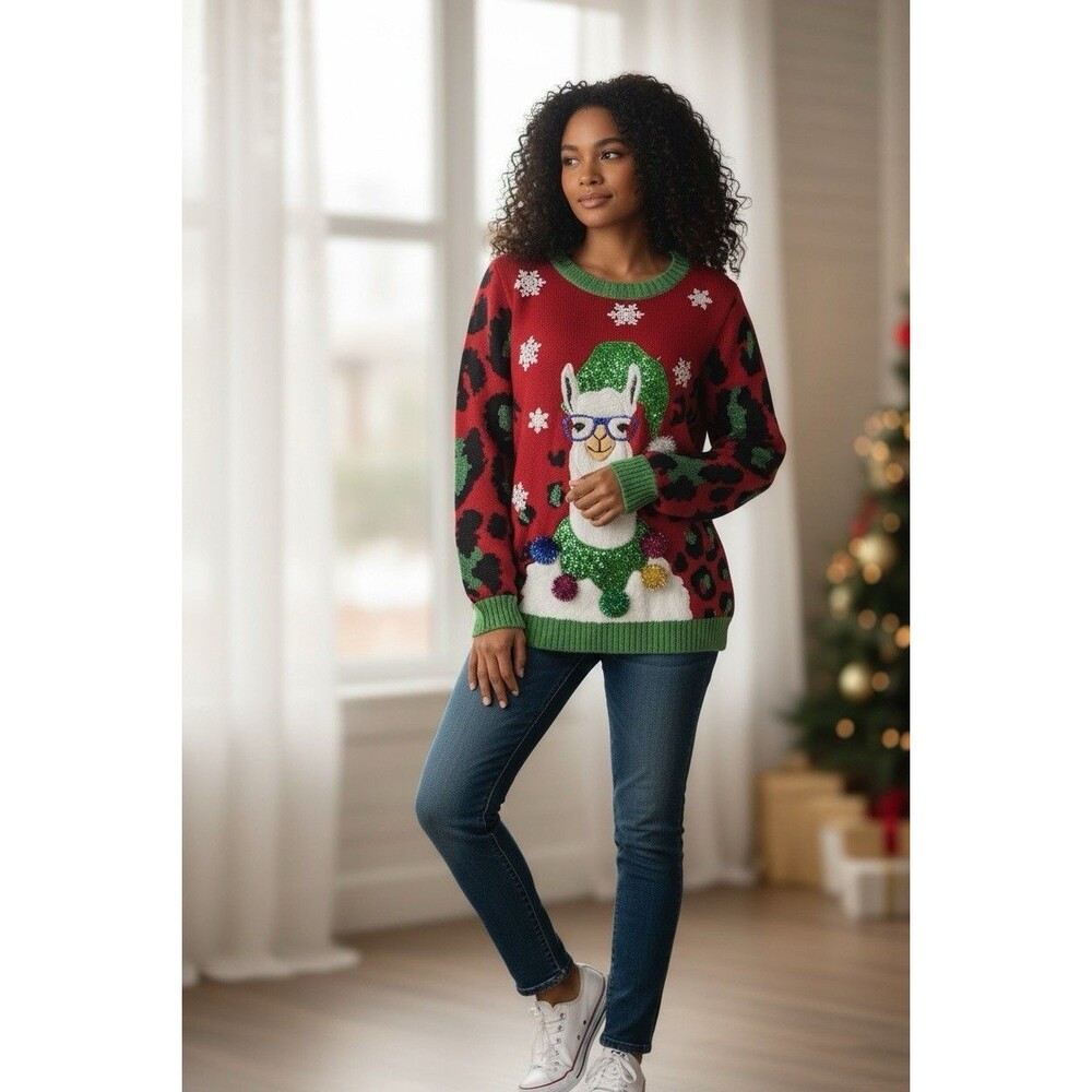 33 Degree Llama Ugly Women’s Christmas Sweater Size S Pullover Festive Santa Hat